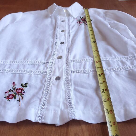 VTG Linen Embroidered Floral Top Sz S White 3/4 Sleeve Cottagecore Lagenlook - Picture 8 of 11
